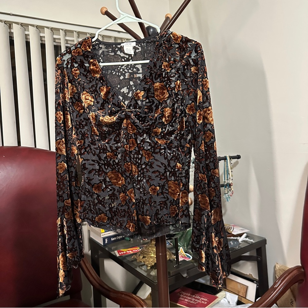 Vintage Cache Burnout Velvet Mesh Top Floral Witchy Long Bell Sleeve Y2K Medium